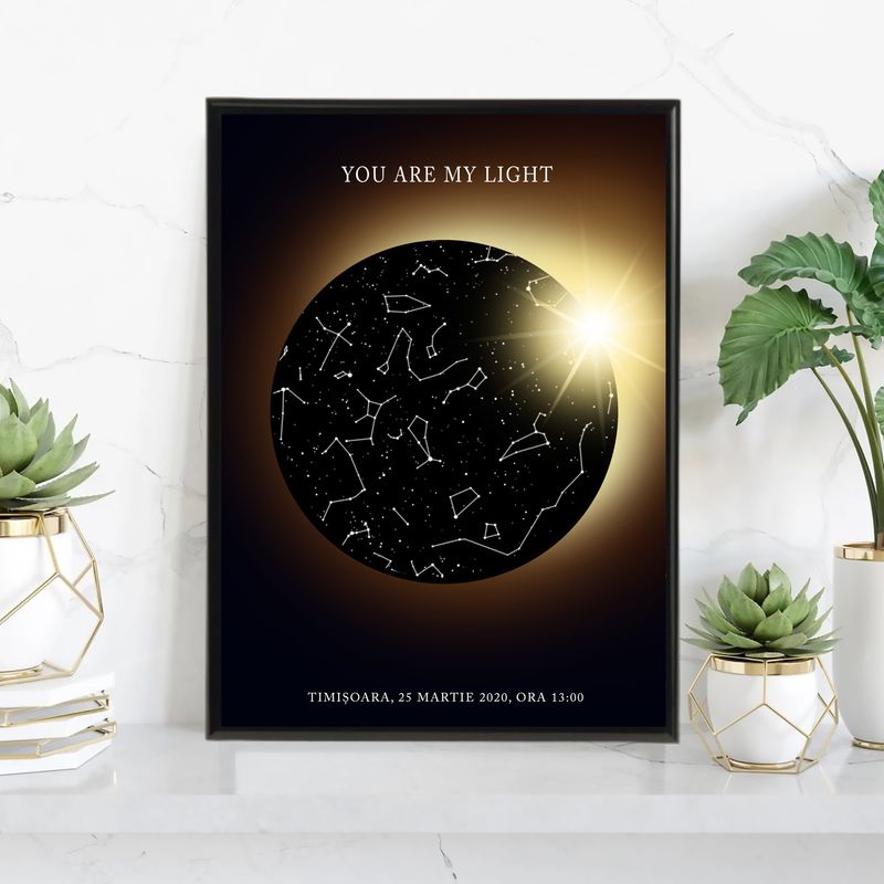 Casa si Gradina - Decoratiuni - Tablouri - Tablou personalizat cu harta stelelor, model lumina, rama negru, 20 x 30 cm - Infinity.ro