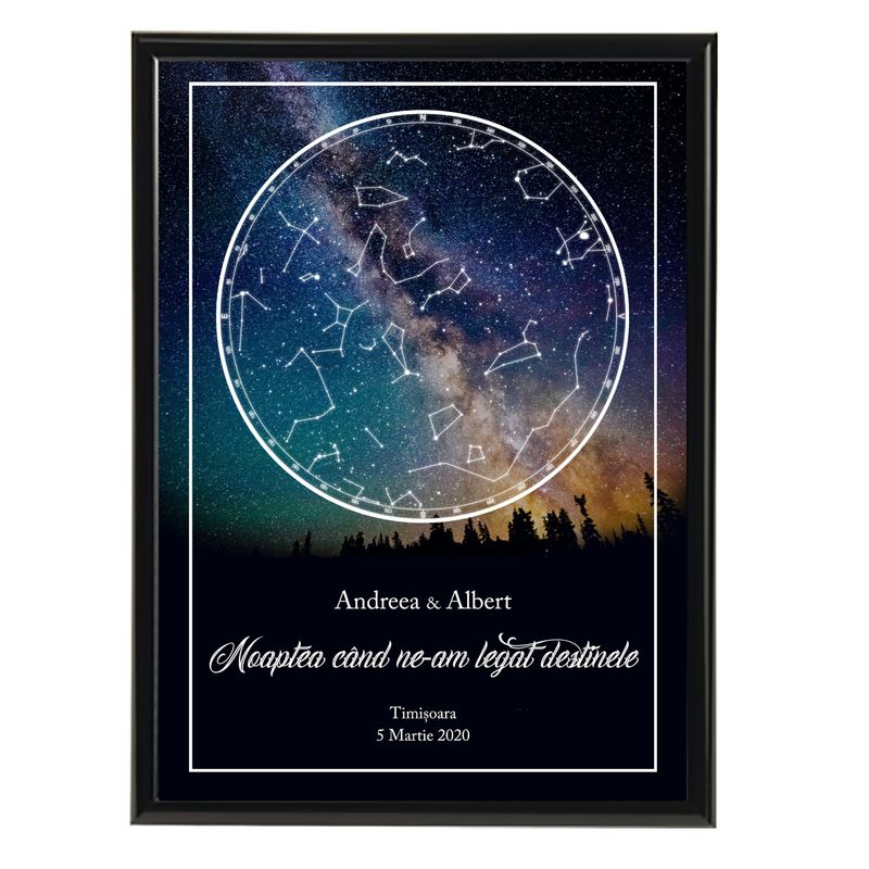 Casa si Gradina - Decoratiuni - Tablouri - Tablou personalizat cu harta stelelor, model cer multicolor, rama negru, 20 x 30 cm - Infinity.ro