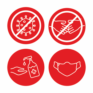 Set 4 stickere de avertizare, COVID-19, Priti Global cu igiena obligatorie pentru covid-19, masca, dezinfectant, rosu-alb, 30x30 cm