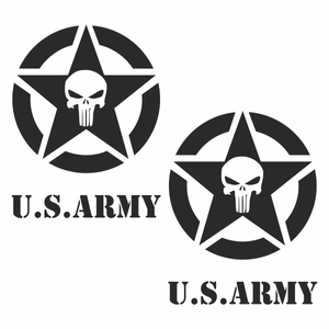 Set 2 stickere Stea Punisher U.S. Army, Priti Global, pentru masini de teren, Negru, 47 x 61 cm
