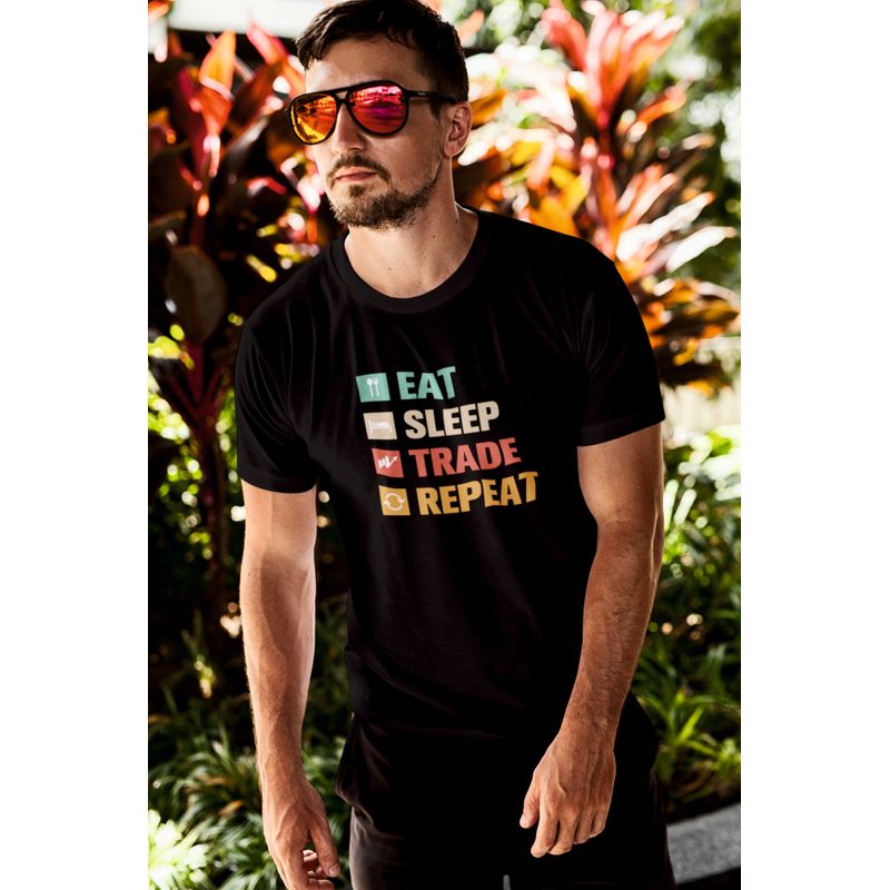 Fashion, accesorii si bijuterii - Barbati - Imbracaminte - Tricouri si bluze barbati - Tricou personalizat cu mesaj amuzant, Priti Global, pentru investitori in crypto, Eat, Sleep, Trade, Repeat, Negru, S - Infinity.ro