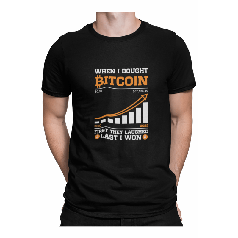 Fashion, accesorii si bijuterii - Barbati - Imbracaminte - Tricouri si bluze barbati - Tricou pentru barbati investitori, Priti Global, When I bought bitcoin first they laughed, last I won, Negru, S - Infinity.ro