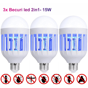 Set 3 bucati 2 in 1 Lampa Ucigas tntari u suport LED de 15W Lumina de noapte impotriva tntarilor cu 2 moduri