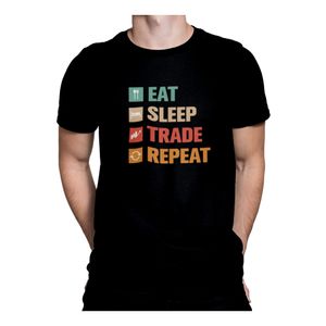 Tricou personalizat cu mesaj amuzant, Priti Global, pentru investitori in crypto, Eat, Sleep, Trade, Repeat-4740