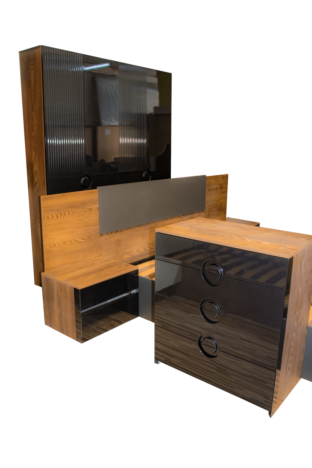 Set Dormitor Advangarde cu MDF Vopsit si frezat, pat, 2 noptiere, comoda Black Pearl