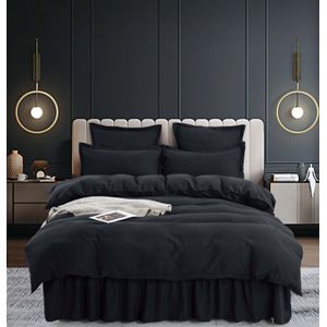 Lenjerie de pat cu volan decorativ, bumbac uni gros, negru