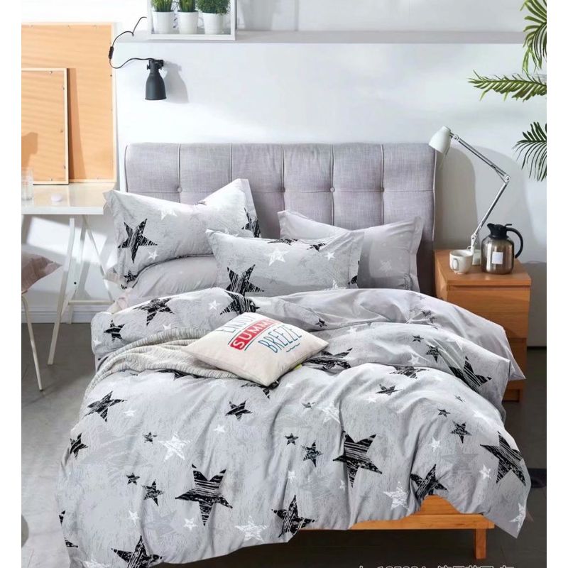 Casa si Gradina - Textile si covoare - Lenjerii de pat - Lenjerii copii - Lenjerie copii pat 1 persoana, bumbac finet, stelute negre, gri - Infinity.ro