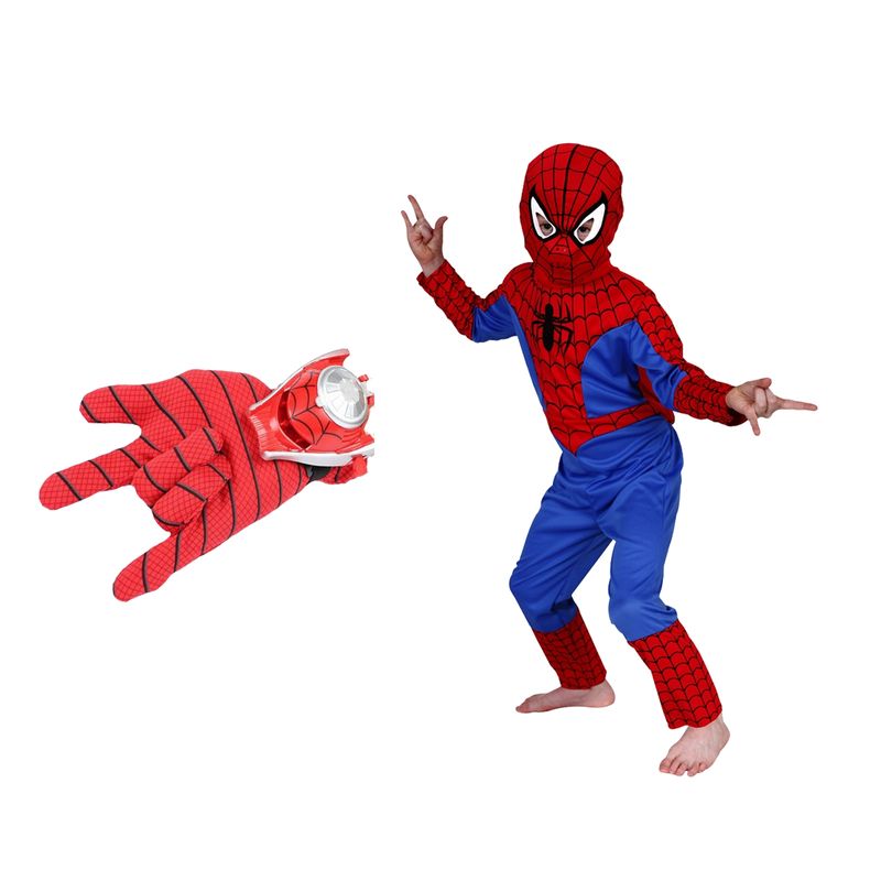 Jucarii, Copii si Bebe - Jucarii si jocuri - Jucarii de rol - Masti si costume copii - Set costum Spiderman S, 100-110 cm si doua manusi cu ventuze si discuri, rosu - Infinity.ro