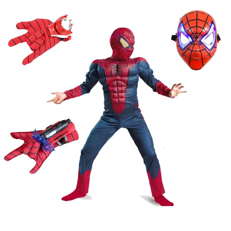 Casa si Gradina - Decoratiuni - Decoratiuni petrecere - Masti si costume carnaval - Set costum Spiderman cu muschi, pentru 3-5 ani, 2 lansatoare si masca plastic LED, rosu - Infinity.ro