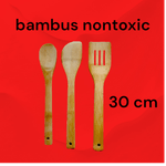 Casa si Gradina - Bucatarie si vesela - Ustensile bucatarie - Polonice, linguri si clesti de bucatarie - Set ustensile bucatarie, din bambus nontoxic, 3 piese, cleste carne, lingura, spatula, lungime 30 cm - Infinity.ro