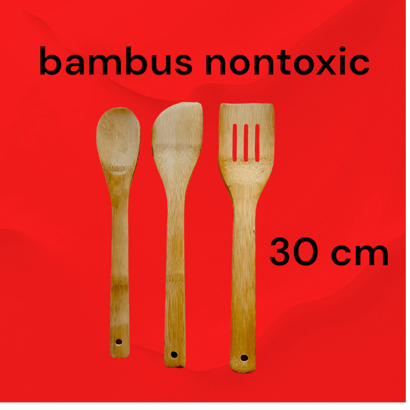 Casa si Gradina - Bucatarie si vesela - Ustensile bucatarie - Polonice, linguri si clesti de bucatarie - Set ustensile bucatarie, din bambus nontoxic, 3 piese, cleste carne, lingura, spatula, lungime 30 cm - Infinity.ro