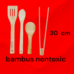 Casa si Gradina - Bucatarie si vesela - Ustensile bucatarie - Polonice, linguri si clesti de bucatarie - Set ustensile bucatarie, din bambus nontoxic, 4 piese, cleste carne, lingura, spatula, lingura scurta plata, lungime 30 cm - Infinity.ro