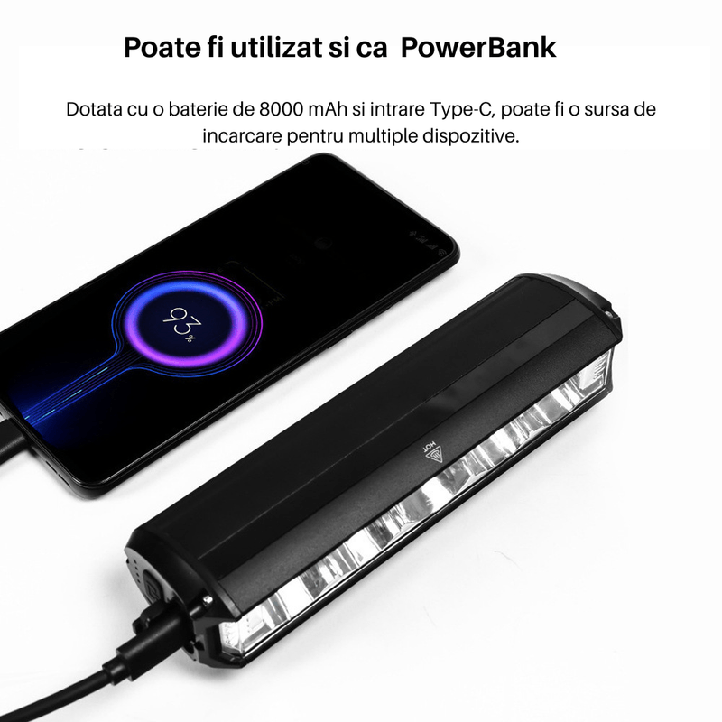 Sport si Outdoor - Ciclism - Accesorii pentru biciclete - Lumini biciclete - Lumina frontala profesionala bicicleta SpectrumPoint®, luminozitate 2600 lumeni, baterie 8000 mAh, incarcare USB, negru - Infinity.ro