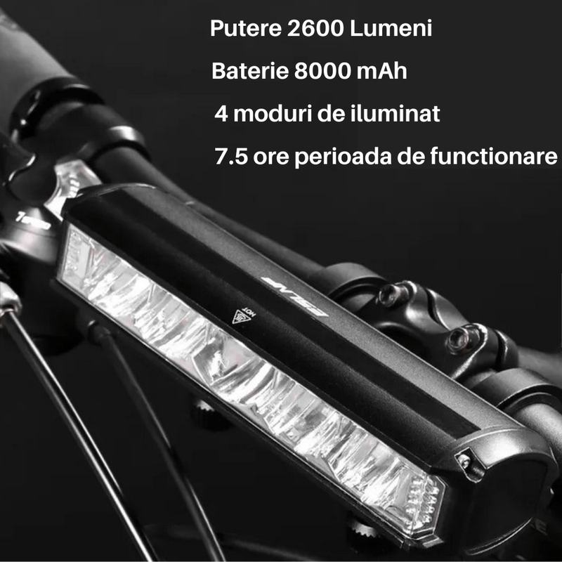 Sport si Outdoor - Ciclism - Accesorii pentru biciclete - Lumini biciclete - Lumina frontala profesionala bicicleta SpectrumPoint®, luminozitate 2600 lumeni, baterie 8000 mAh, incarcare USB, negru - Infinity.ro