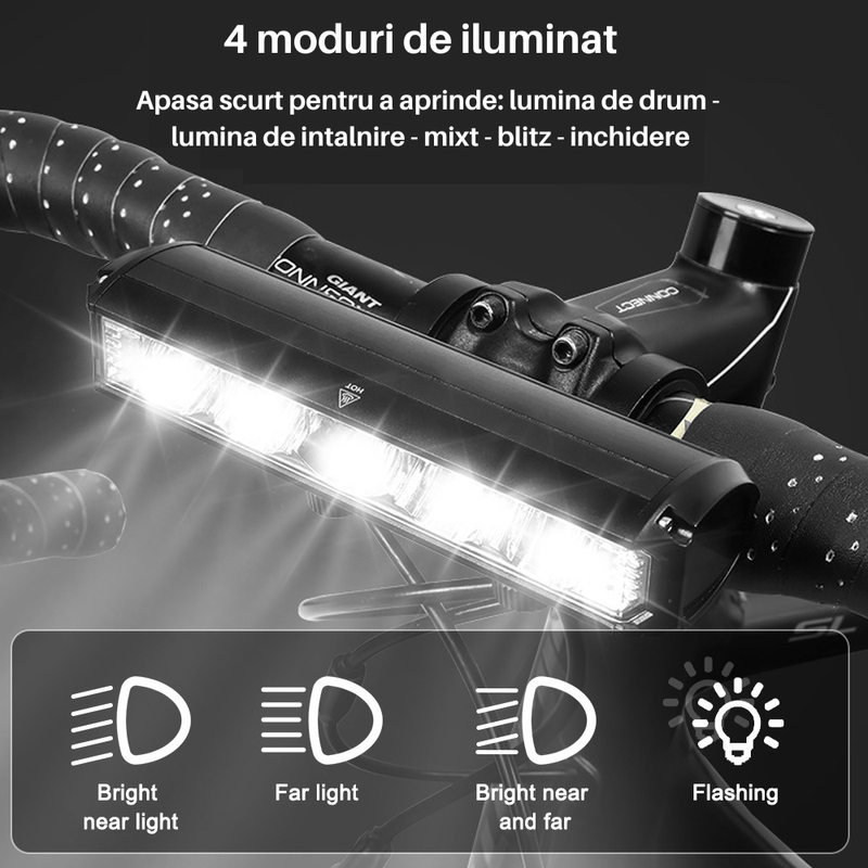 Sport si Outdoor - Ciclism - Accesorii pentru biciclete - Lumini biciclete - Lumina frontala profesionala bicicleta SpectrumPoint®, luminozitate 2600 lumeni, baterie 8000 mAh, incarcare USB, negru - Infinity.ro