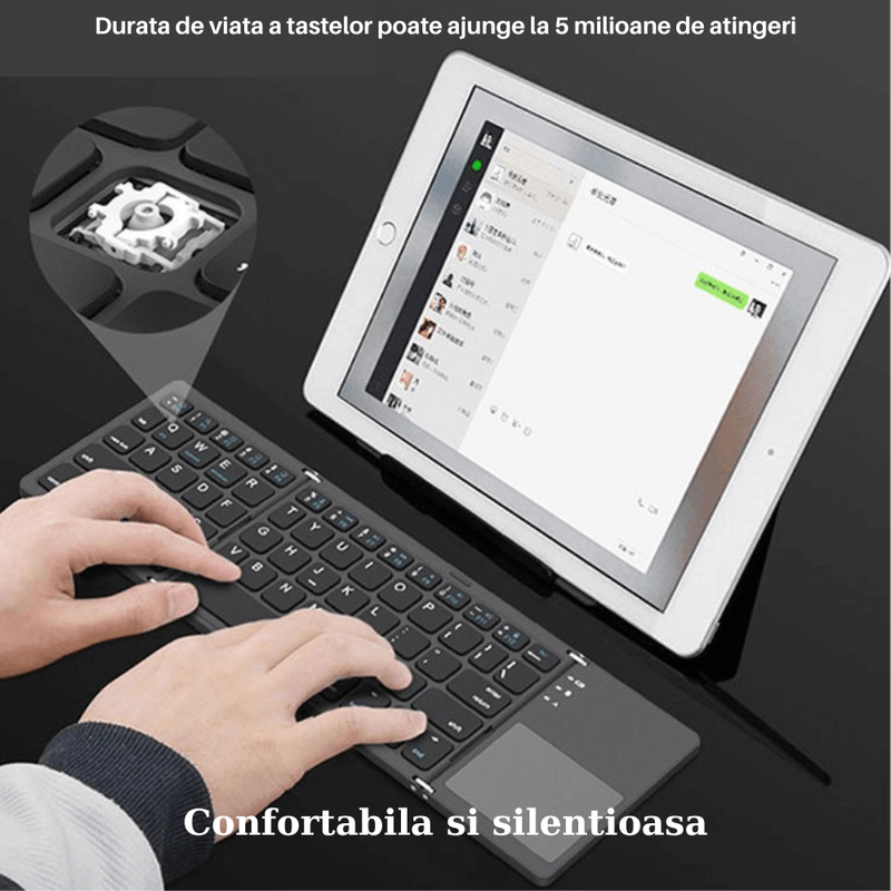 PC, gaming si accesorii - Periferice PC - Tastaturi - Tastatura pliabila SpectrumPoint®, Bluetooth, Touchpad, compatibila cu Windows, Android, iOS, Smart TV, Argintiu - Infinity.ro