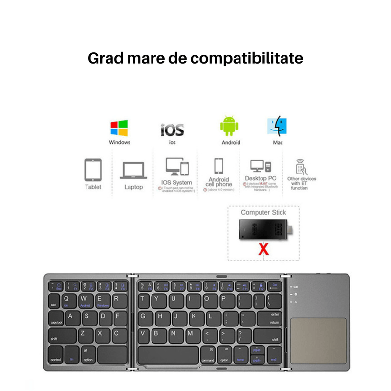 PC, gaming si accesorii - Periferice PC - Tastaturi - Tastatura pliabila SpectrumPoint®, Bluetooth, Touchpad, compatibila cu Windows, Android, iOS, Smart TV, Argintiu - Infinity.ro