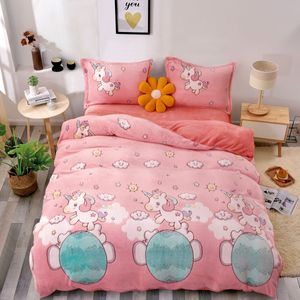 Lenjerie cocolino pat 1 persoana, cearceaf cu elastic, unicorn, roz