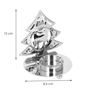 Decoratiune de Craciun tip suport lumanare, model brad cu ren, 10 x 9 x 7 cm, metal, argintiu
