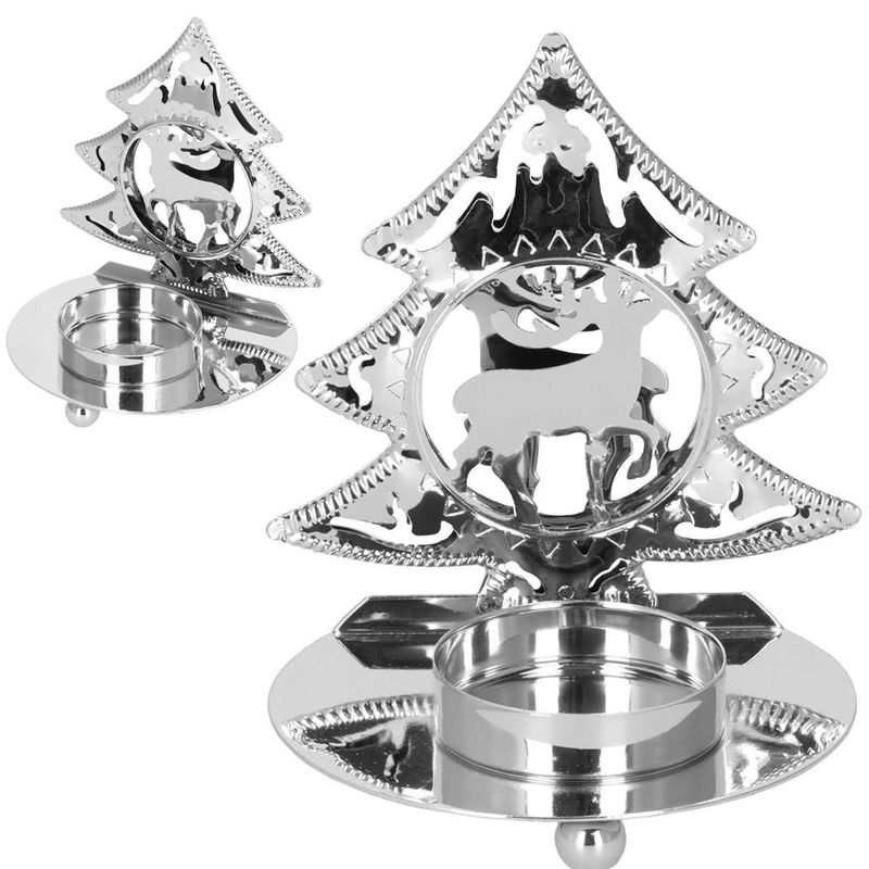Casa si Gradina - Decoratiuni - Decoratiuni de sezon - Decoratiune de Craciun tip suport lumanare, model brad cu ren, 10 x 9 x 7 cm, metal, argintiu - Infinity.ro