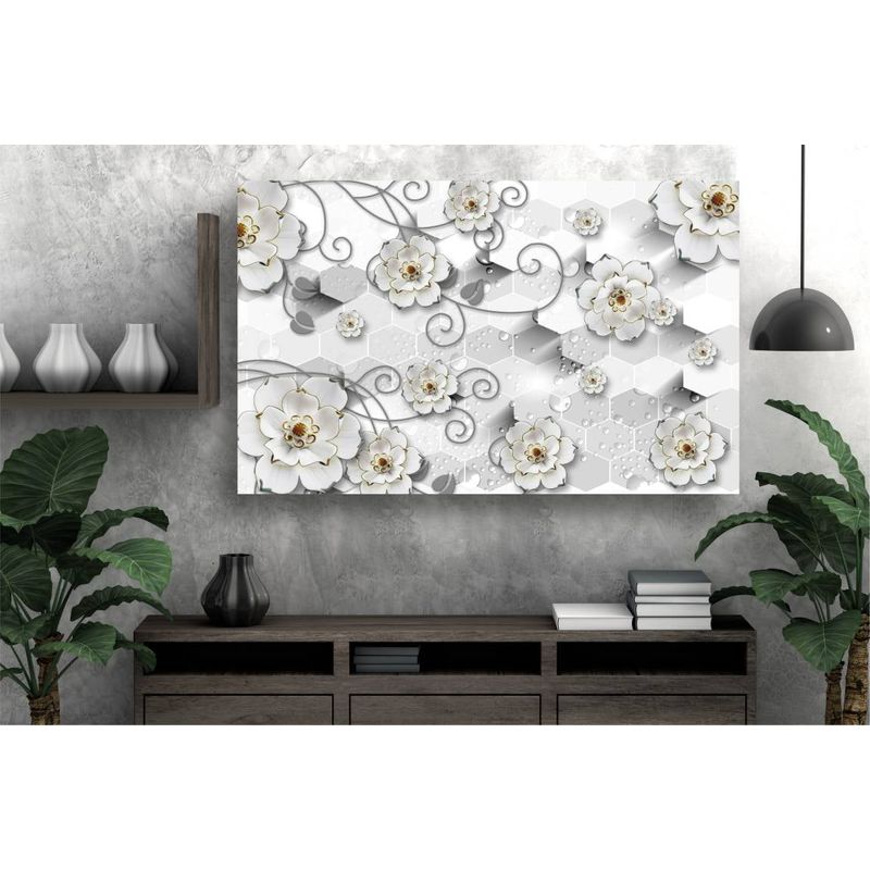 Casa si Gradina - Decoratiuni - Tablouri - Tablou canvas - Abstract flori albe pe argintiu, 75x50 cm - Infinity.ro
