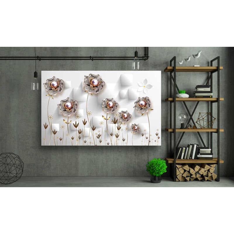 Casa si Gradina - Decoratiuni - Tablouri - Tablou canvas - Abstract flori argintii cu perle, 50x35 cm - Infinity.ro
