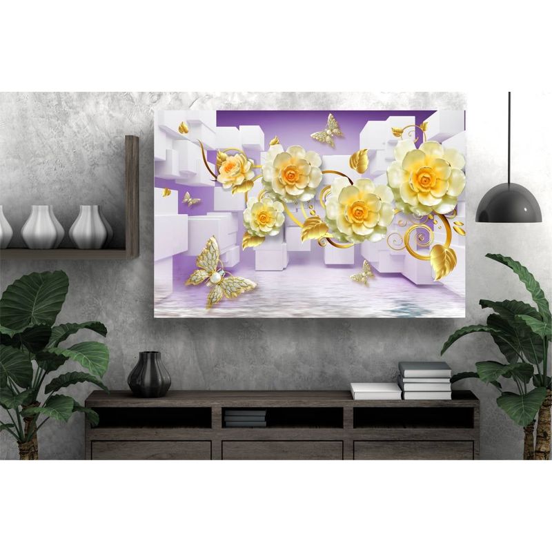Casa si Gradina - Decoratiuni - Tablouri - Tablou canvas - Abstract flori aurii si fluturi, 90x50 cm - Infinity.ro