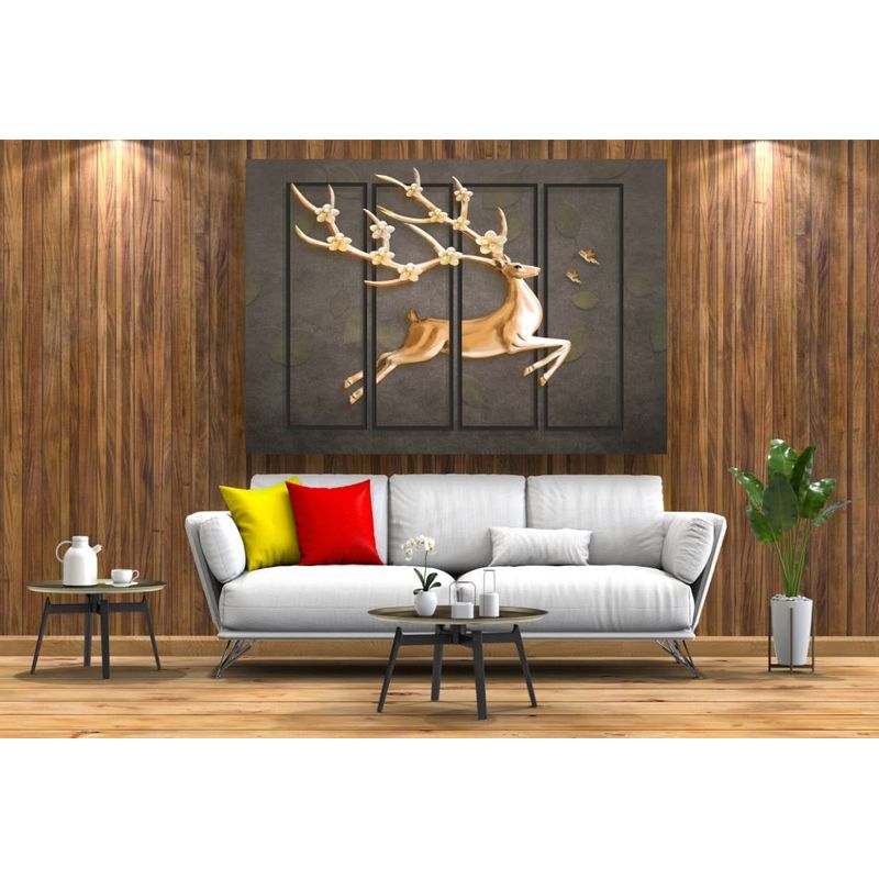 Casa si Gradina - Decoratiuni - Tablouri - Tablou canvas - Cerb si pasari aurii abstract, 100x70 cm - Infinity.ro