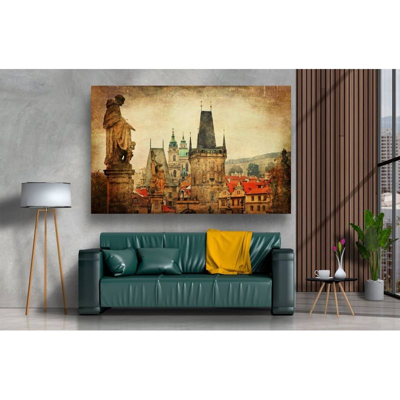 Casa si Gradina - Decoratiuni - Tablouri - Tablou canvas - Statuie si cladiri vintage, 100x70 cm - Infinity.ro