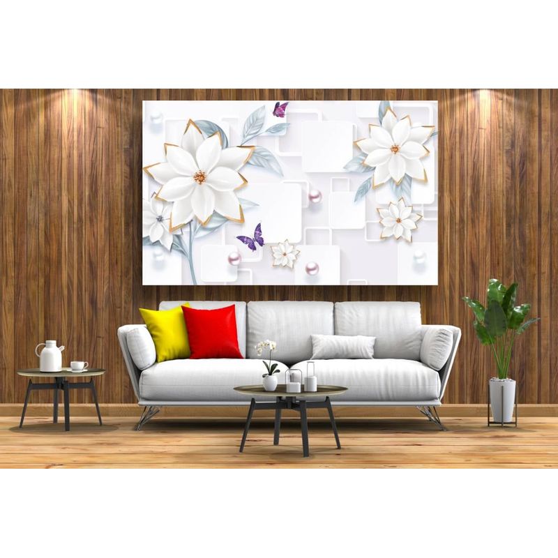 Casa si Gradina - Decoratiuni - Tablouri - Tablou canvas - Abstract flori albe cu fluturi, 50x35 cm - Infinity.ro
