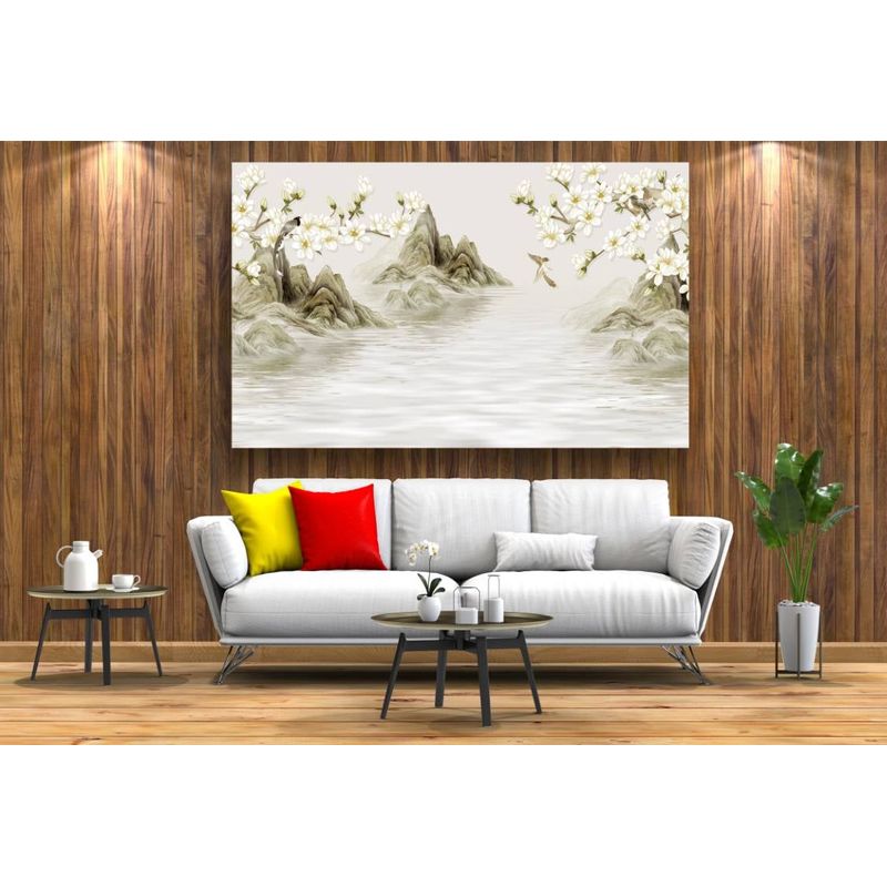 Casa si Gradina - Decoratiuni - Tablouri - Tablou canvas - Abstract flori cu munti si apa, 50x35 cm - Infinity.ro