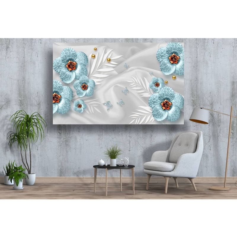 Casa si Gradina - Decoratiuni - Tablouri - Tablou canvas - Flori albastre cu fluturi, 100x70 cm - Infinity.ro
