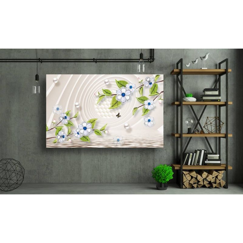 Casa si Gradina - Decoratiuni - Tablouri - Tablou canvas - Flori albastre si fluture, 90x50 cm - Infinity.ro